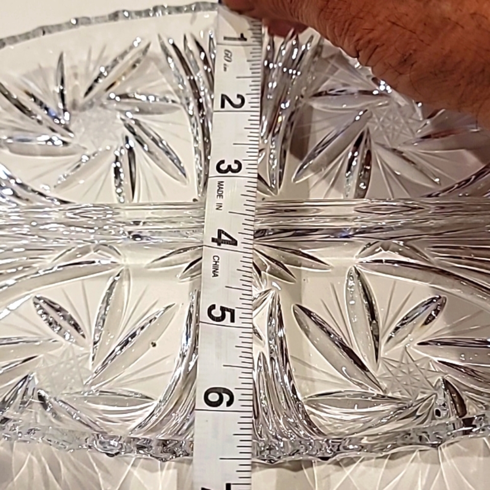 Vintage Cut Lead Crystal Heavy Three Part Oval Pinwheel Pattern Handled Dish - Picture 7 of 8